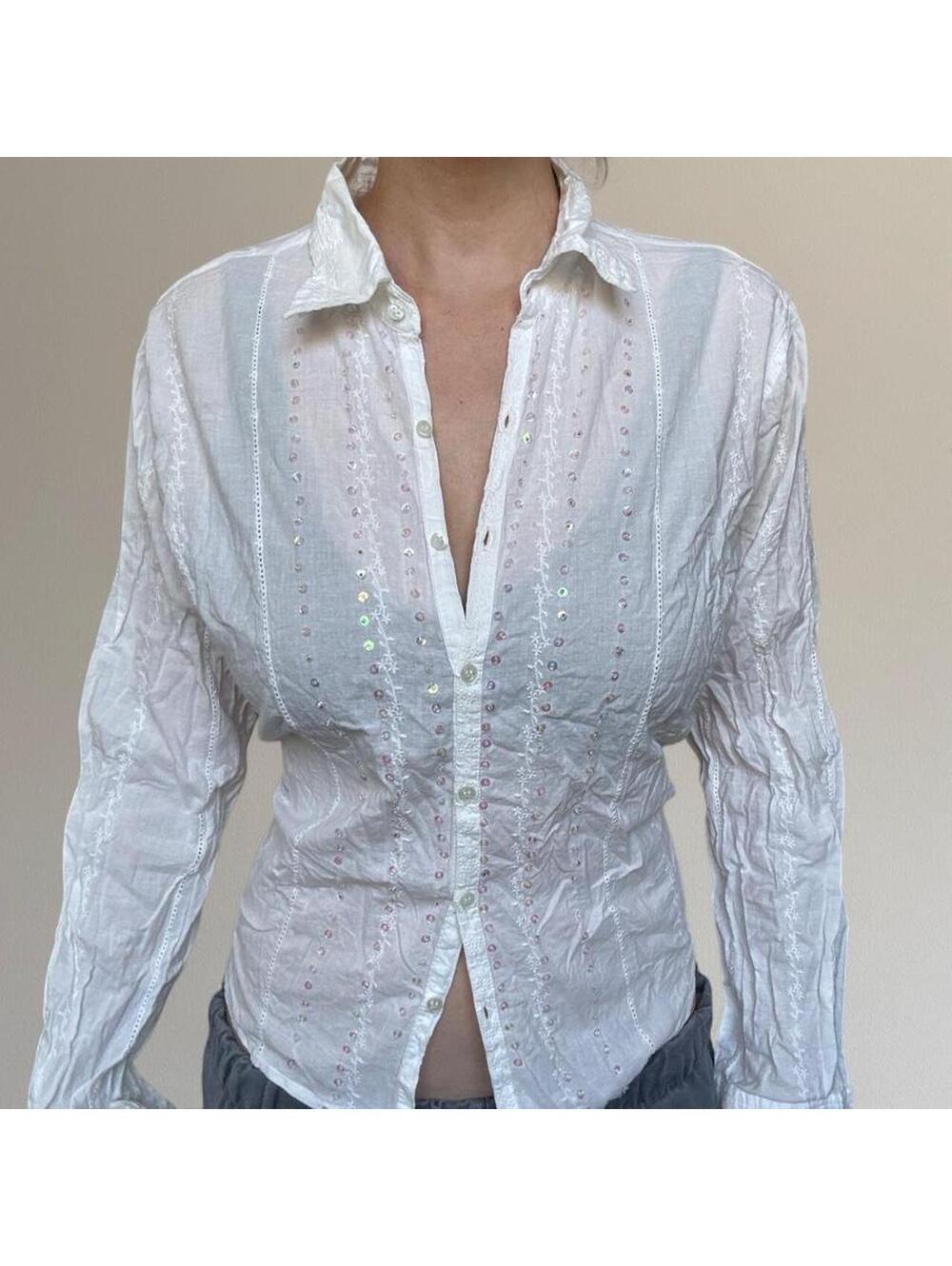 100% cotton sequin button up blouse.